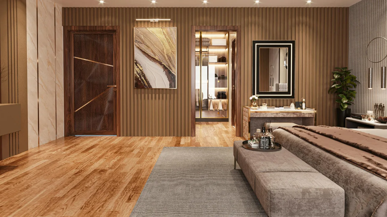Wood-look bedroom floor with a large area rug under the foot of the bed